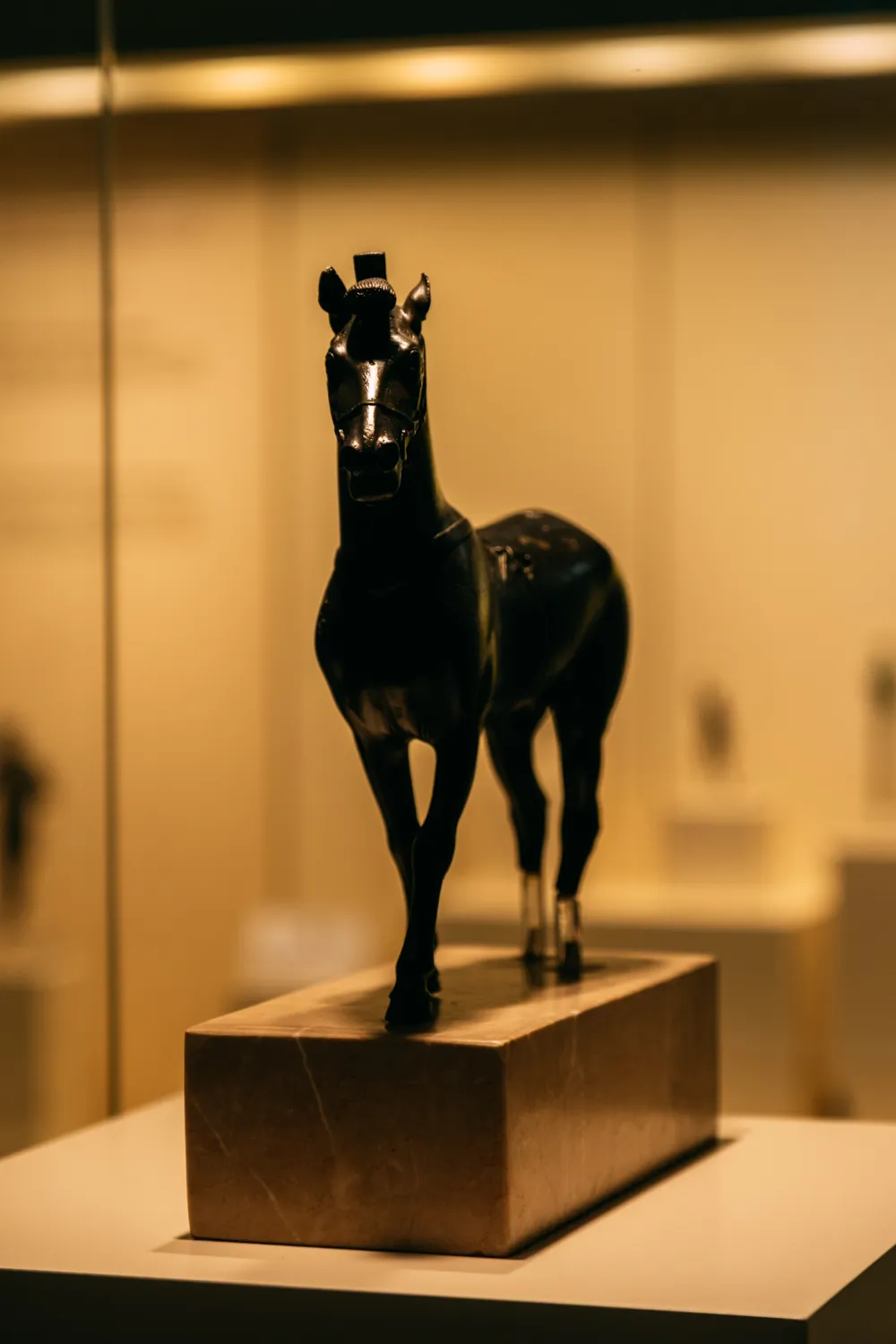 Bronzen paardje in een museumvitrine