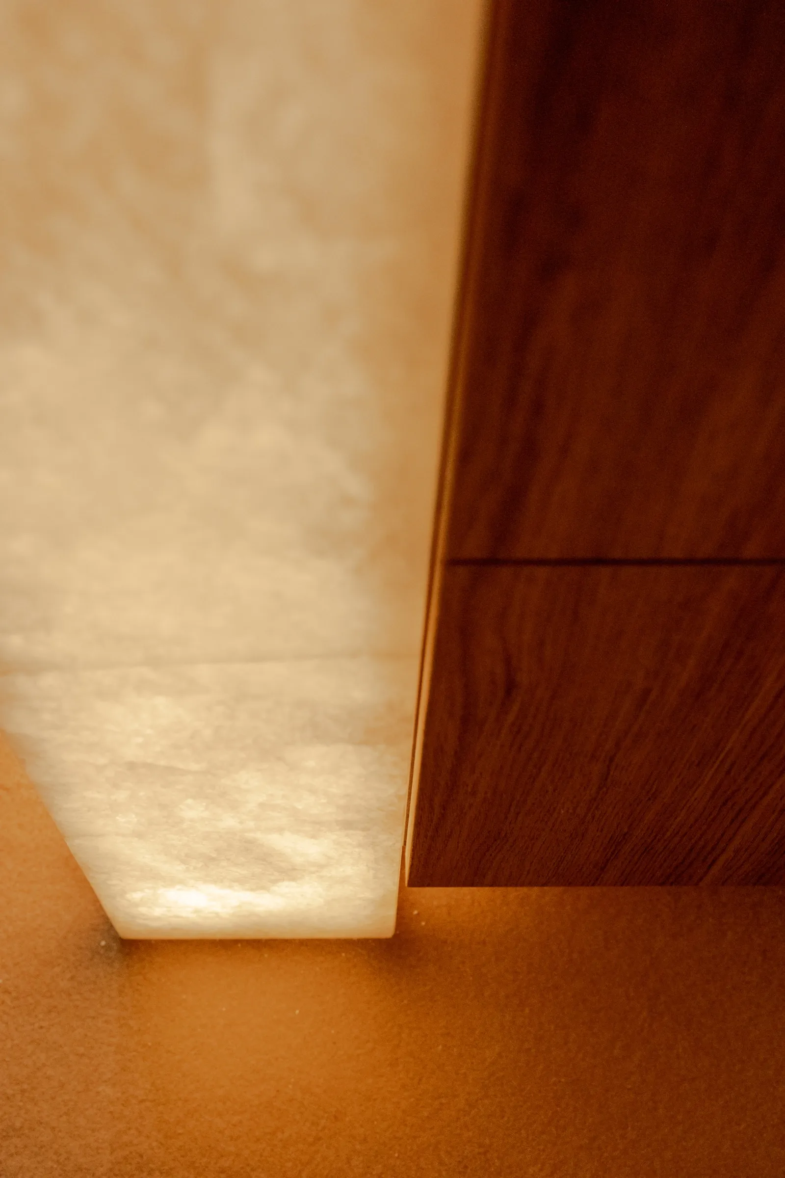 Verlicht albasten blad dat uitkomt tegen een houten kastwand