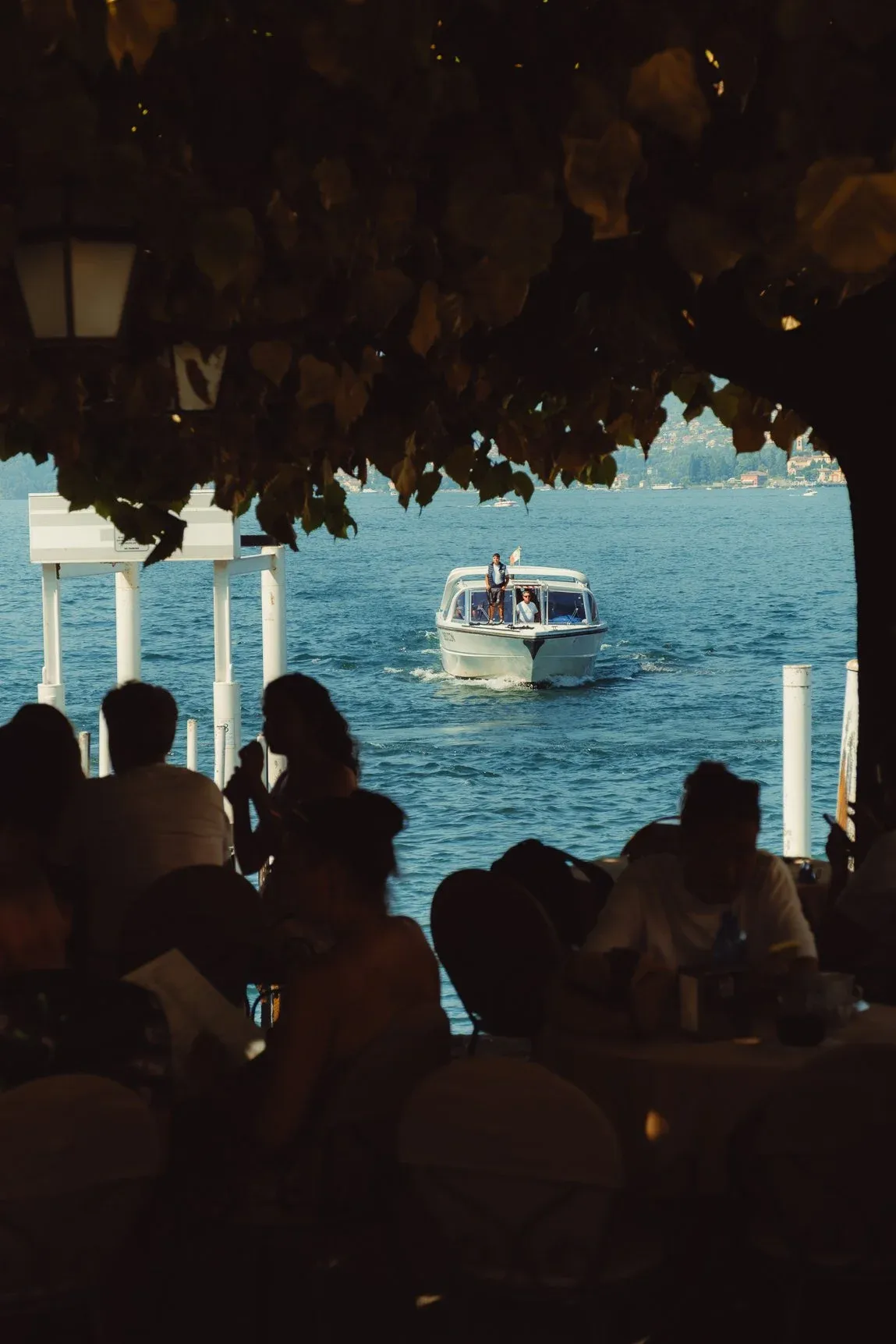 Een watertaxi, ingekaderd door bladeren